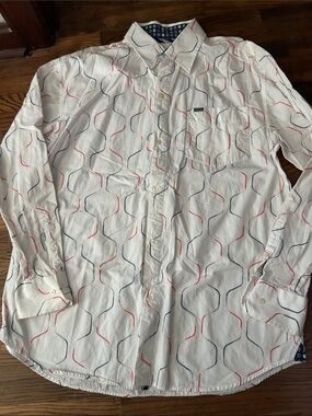 Enyce White Button-Down Shirt with Red & Navy Wave Print
